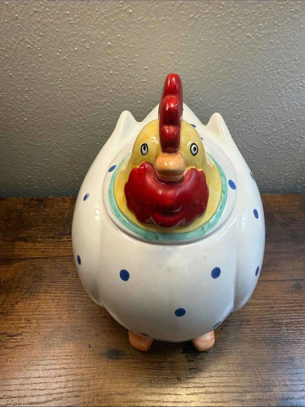 Coco Dowley Ceramic Chicken Cookie Jar Canister Blue Polka dots Kitchen Storage